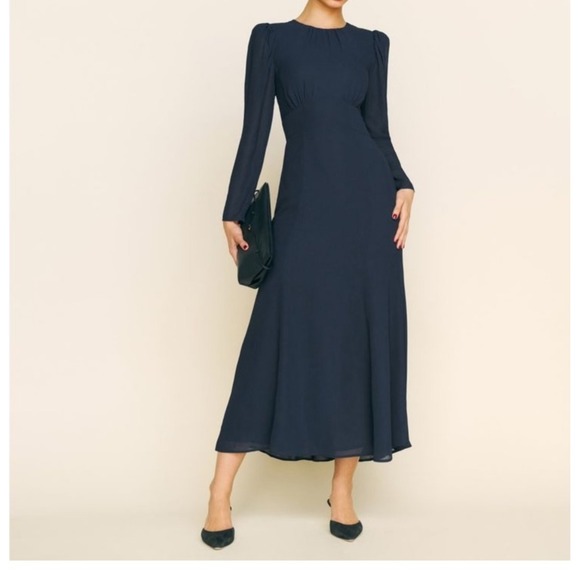 Reformation Navy Lysander Midi Dress Size 8 - Picture 7 of 12